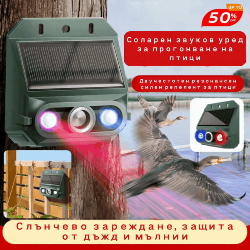 【🔥Купете 1, вземете 1 безплатно】🔥Слънчев ултразвуков репелент за животни за открито и птици с мигаща инфрачервена светлина с червен и син LED